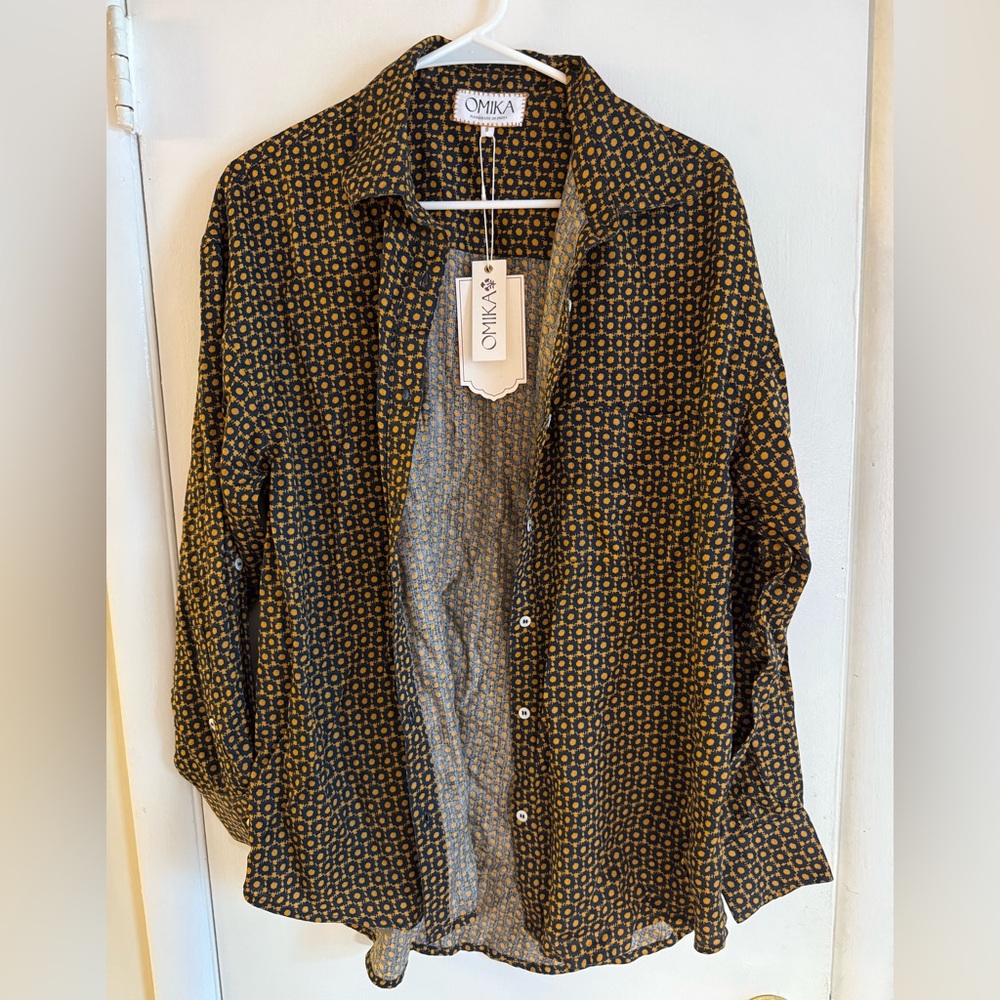 NWT Omika button up blouse - navy and dark gold/orange size S